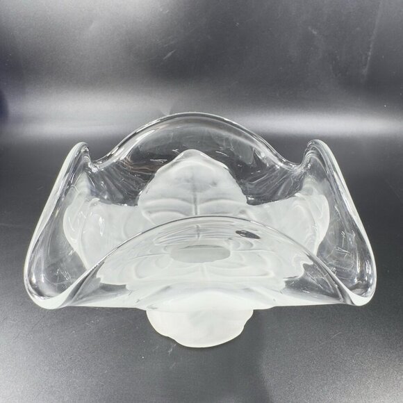 Viking Art Glass Epic Leaf Compote in Crystal Satin Frosted Clear Dish Bowl VTG - Picture 9 of 13